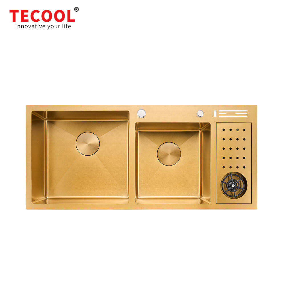 H-10045TDC-GD Handmade Yellow Gold PVD Coated  topmount double Bowl Kitchen Sink