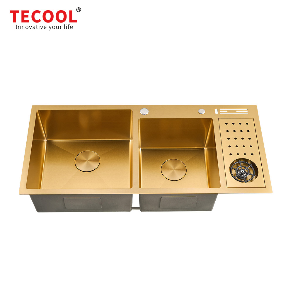 H-10045TDC-GD Handmade Yellow Gold PVD Coated  topmount double Bowl Kitchen Sink