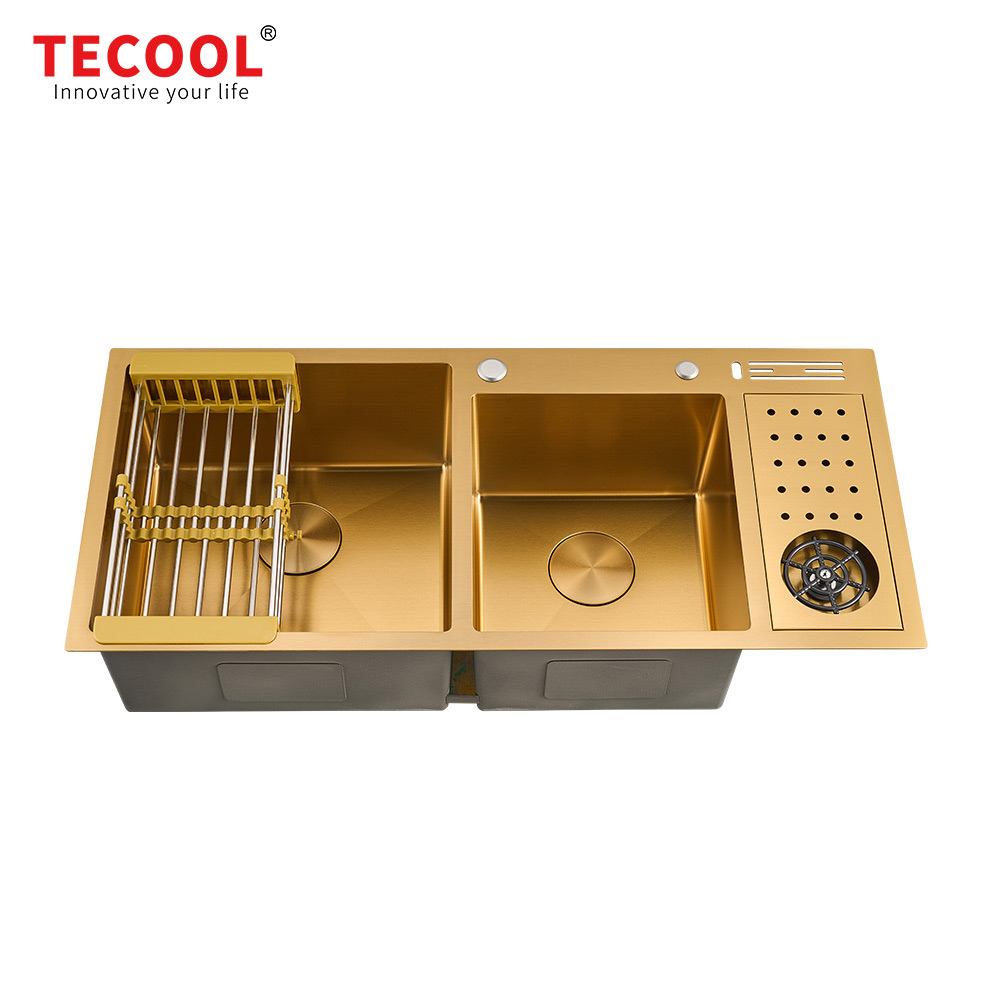 H-10045TDC-GD Handmade Yellow Gold PVD Coated  topmount double Bowl Kitchen Sink