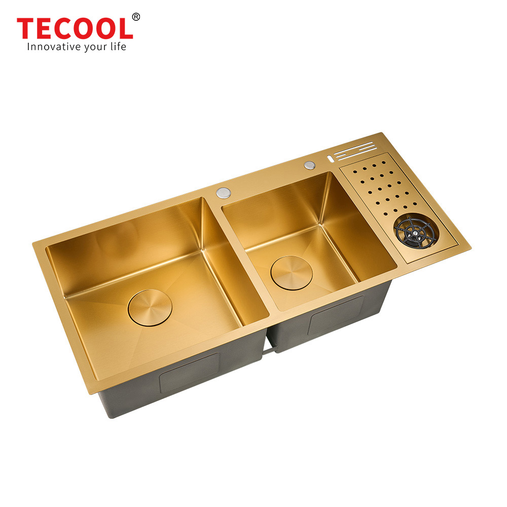 H-10045TDC-GD Handmade Yellow Gold PVD Coated  topmount double Bowl Kitchen Sink