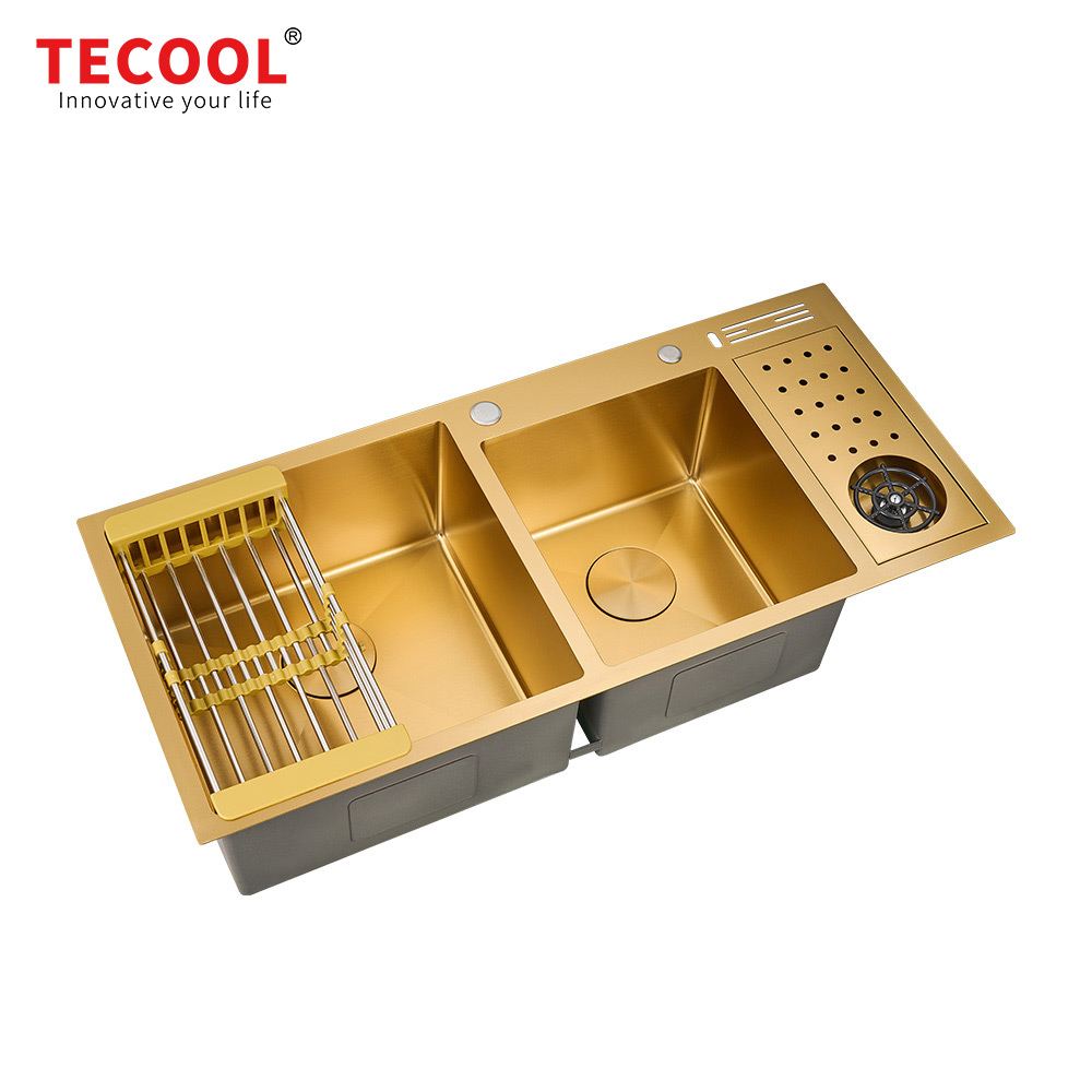 H-10045TDC-GD Handmade Yellow Gold PVD Coated  topmount double Bowl Kitchen Sink