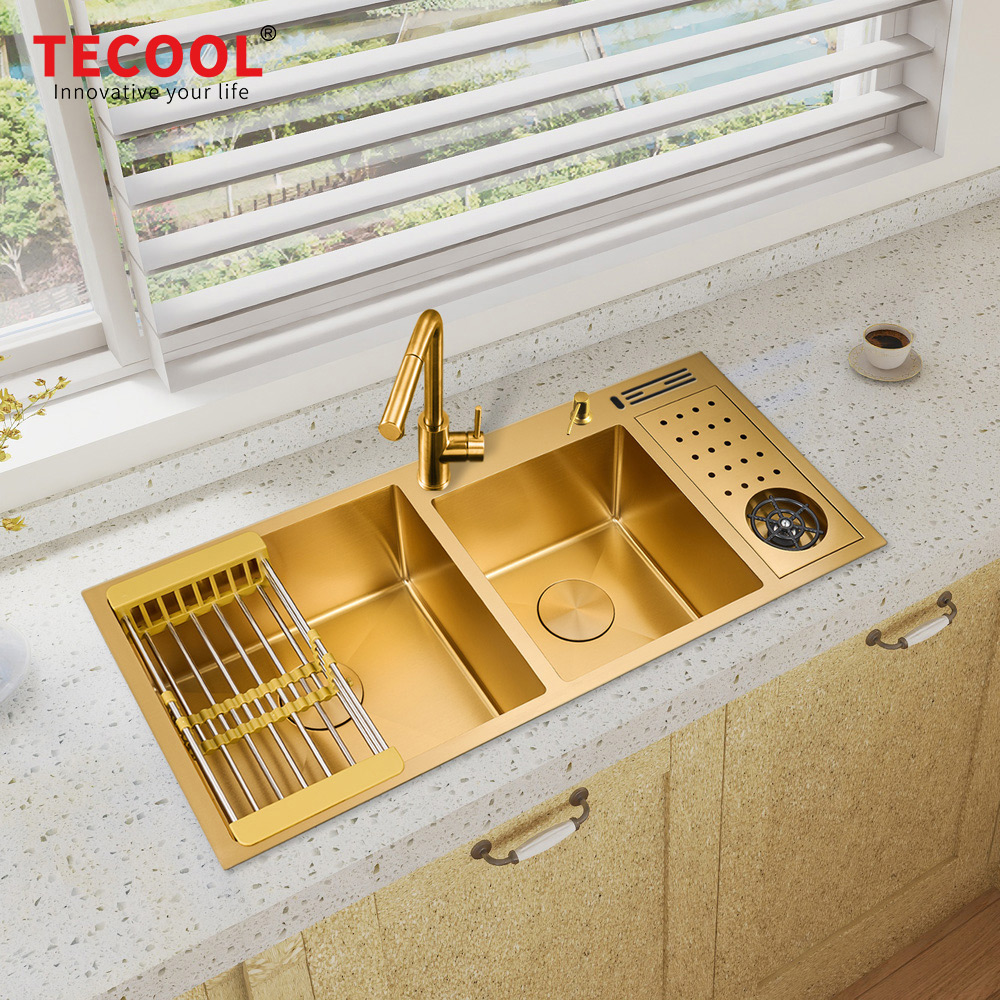 H-10045TDC-GD Handmade Yellow Gold PVD Coated  topmount double Bowl Kitchen Sink