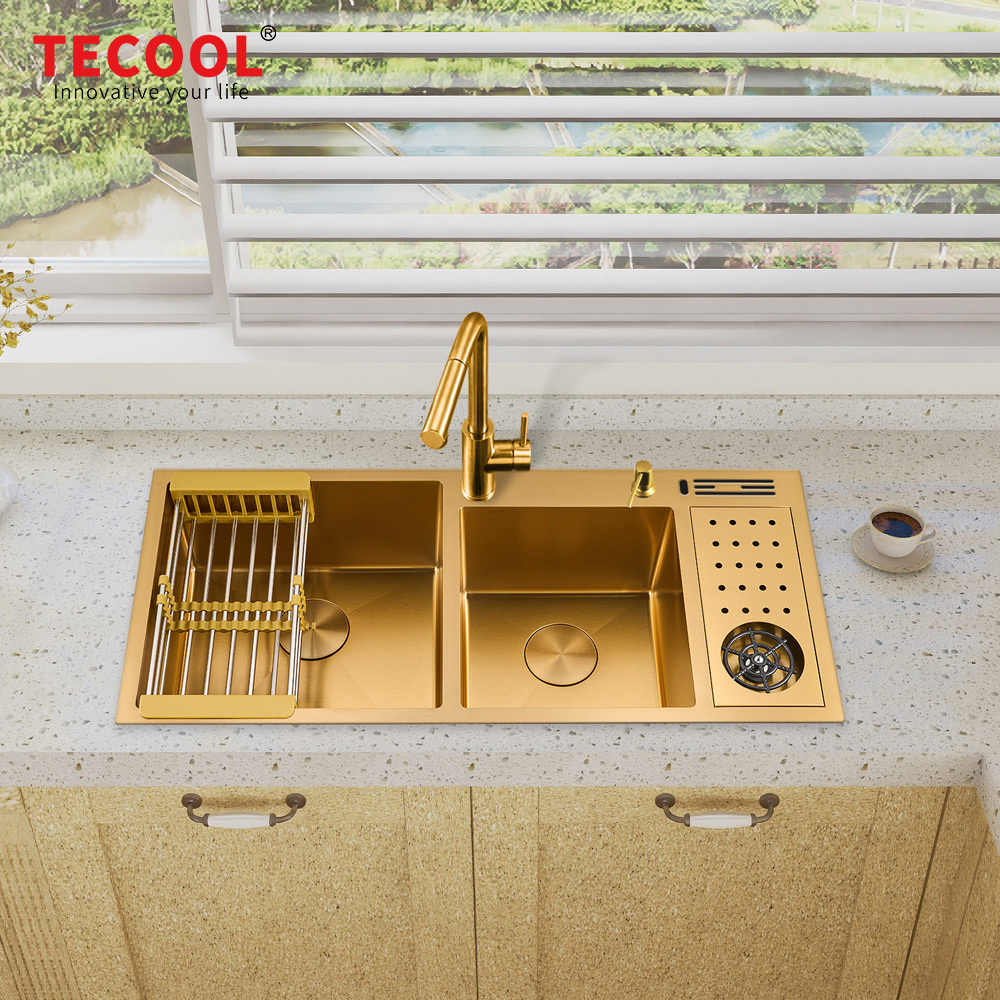 H-10045TDC-GD Handmade Yellow Gold PVD Coated  topmount double Bowl Kitchen Sink