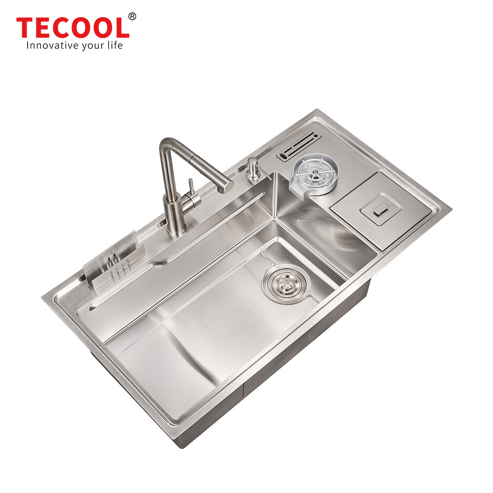 H-10053USM Handmade Topmount Single Bowl Multifunctional Sink with Dust Bin