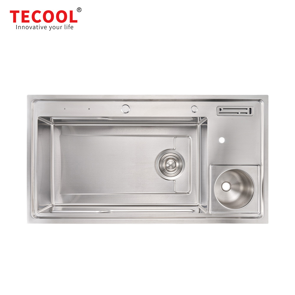 H-10053USM Handmade Topmount Single Bowl Multifunctional Sink with Dust Bin