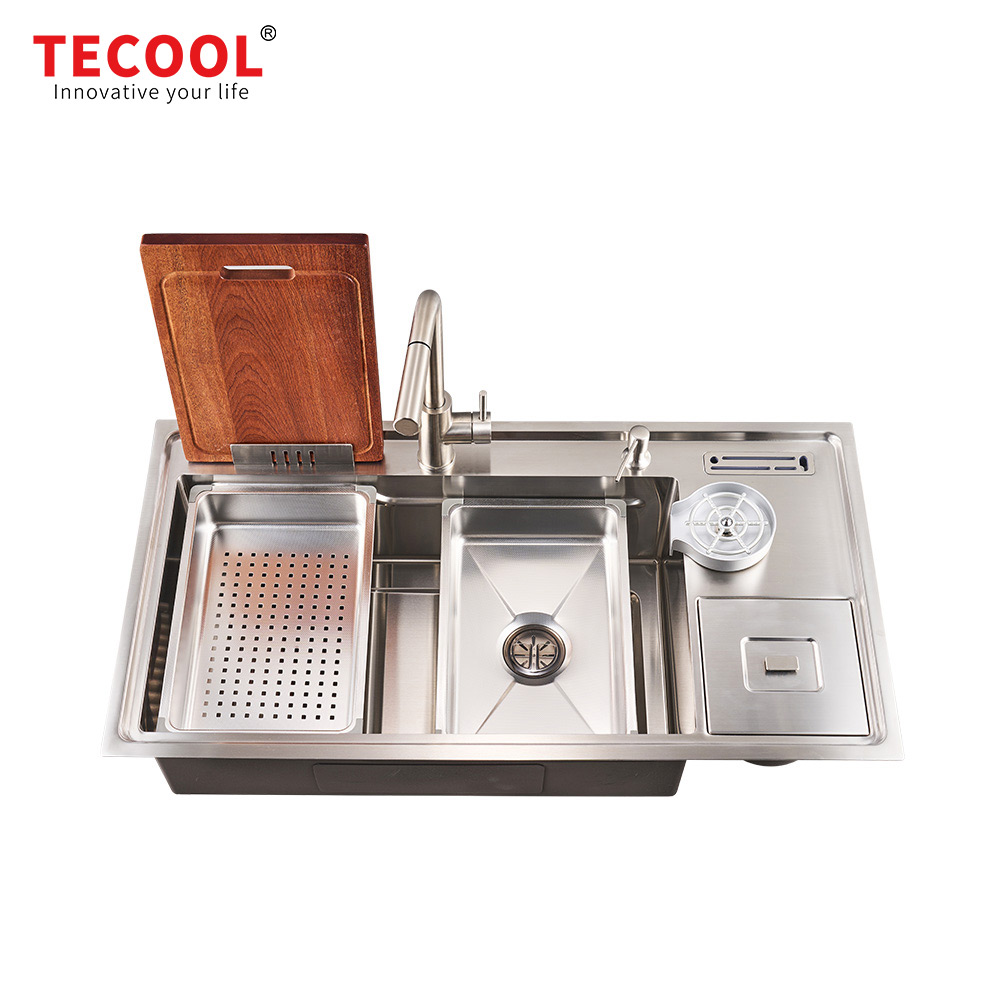 H-10053USM Handmade Topmount Single Bowl Multifunctional Sink with Dust Bin