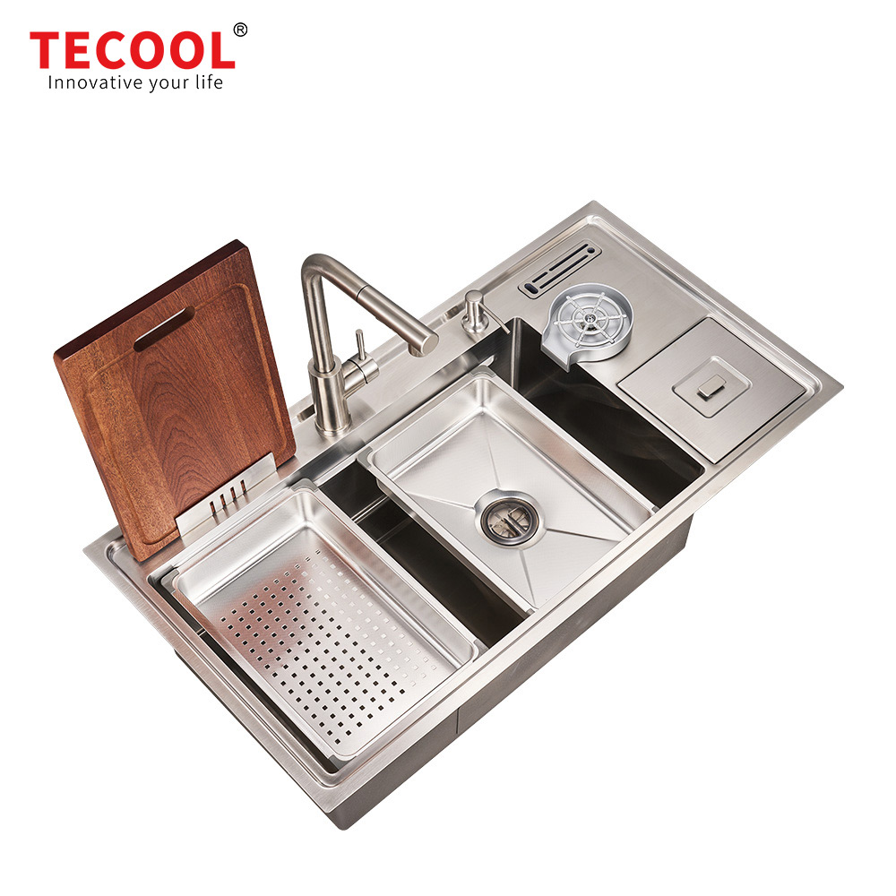 H-10053USM Handmade Topmount Single Bowl Multifunctional Sink with Dust Bin