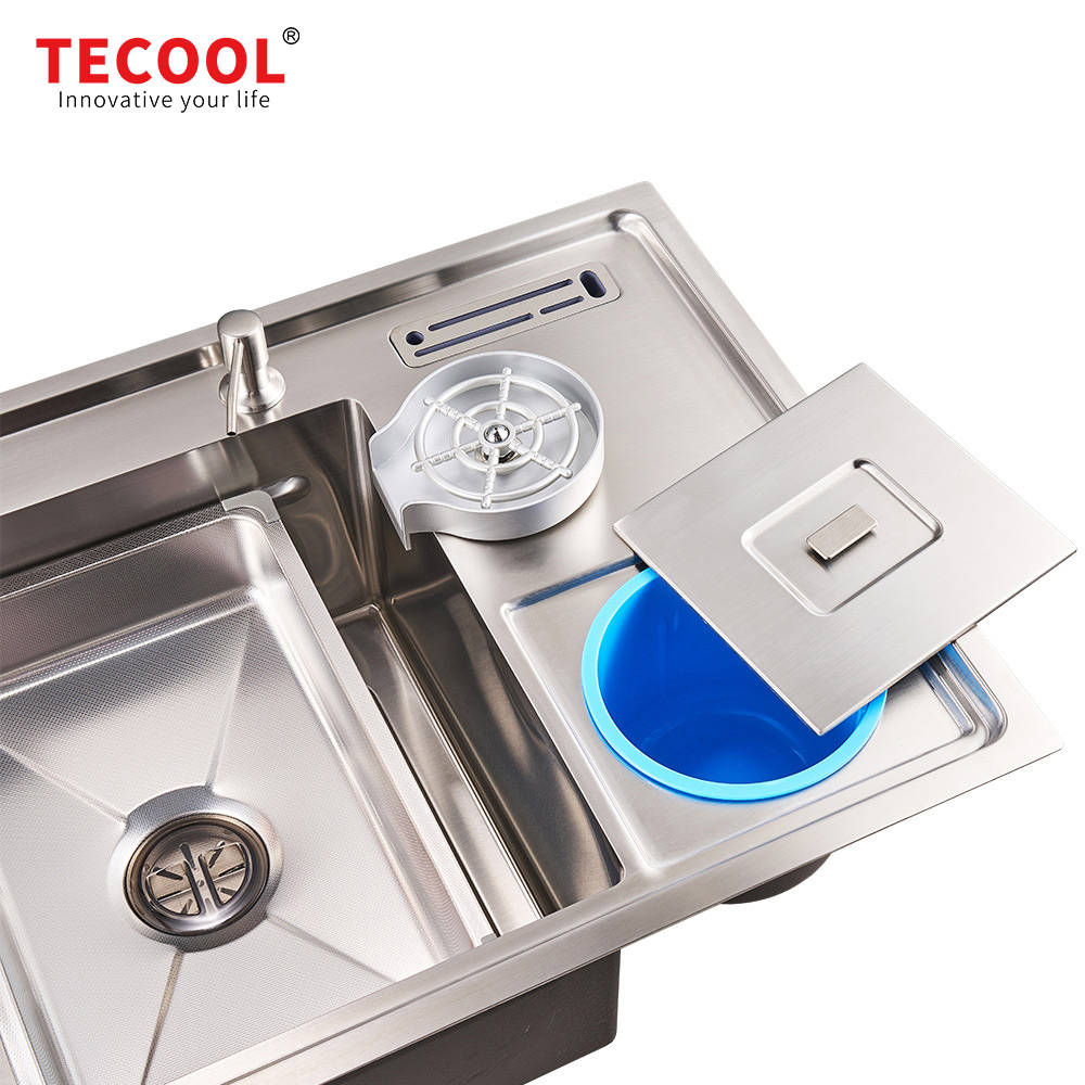 H-10053USM Handmade Topmount Single Bowl Multifunctional Sink with Dust Bin