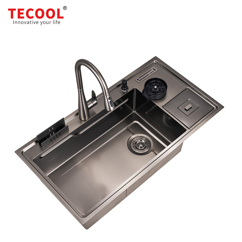 H-10053USM-VBK Handmade Topmount Single Bowl Multifunctional Sink with Dust Bin