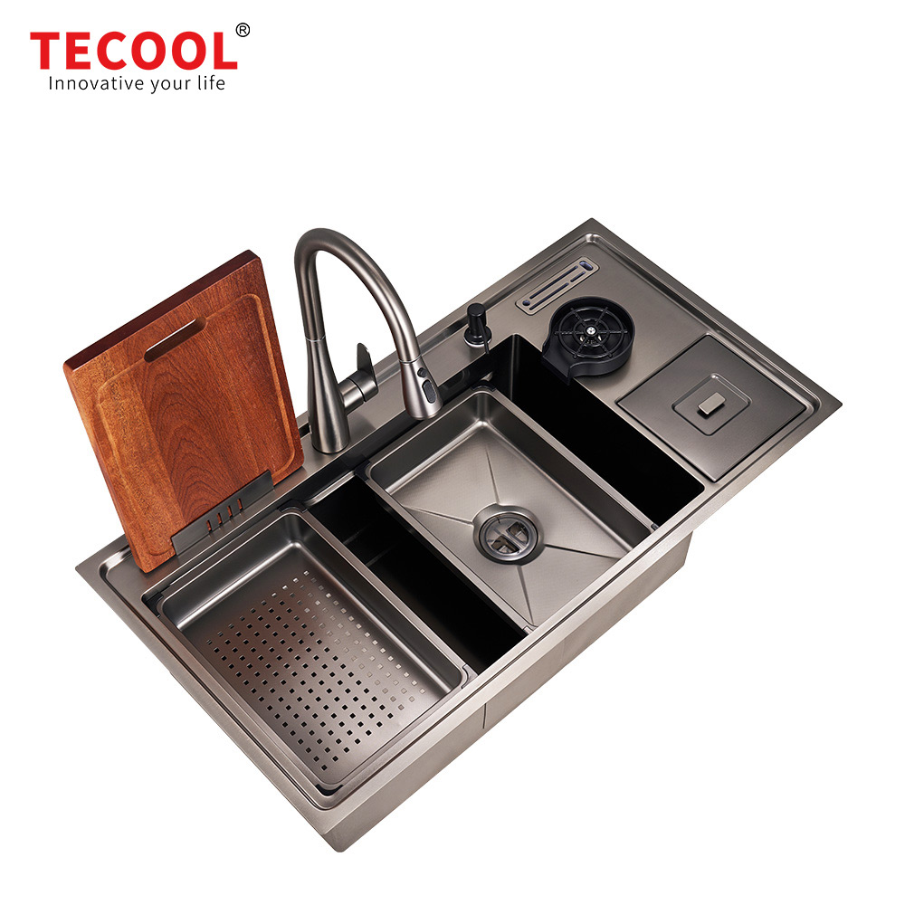 H-10053USM-VBK Handmade Topmount Single Bowl Multifunctional Sink with Dust Bin