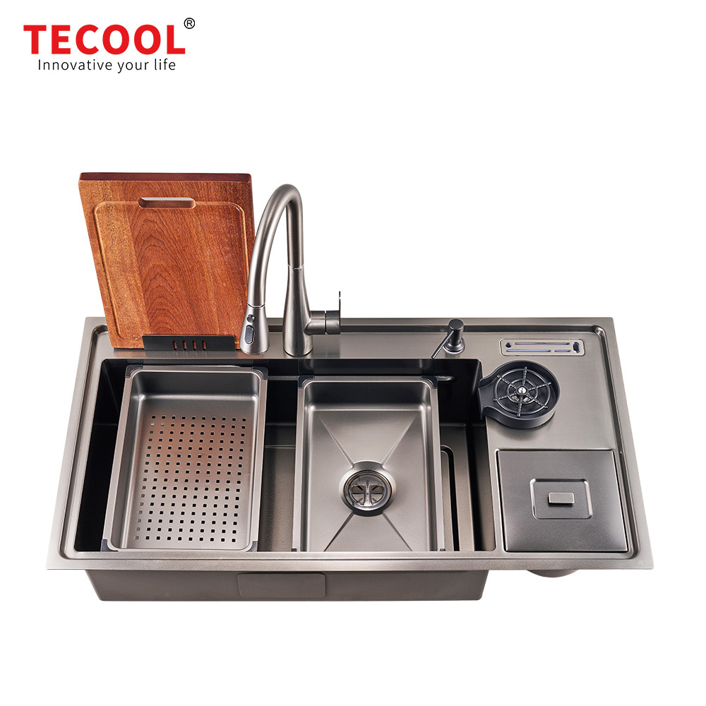 H-10053USM-VBK Handmade Topmount Single Bowl Multifunctional Sink with Dust Bin