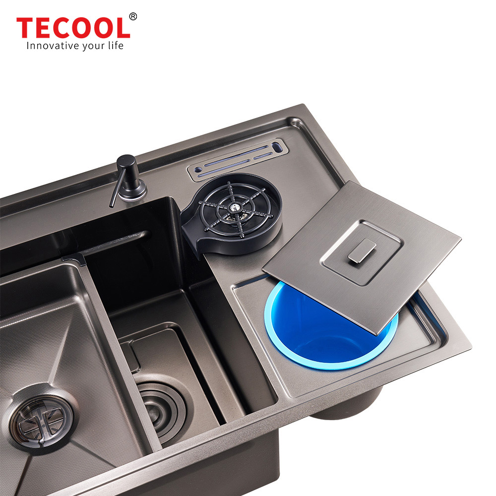 H-10053USM-VBK Handmade Topmount Single Bowl Multifunctional Sink with Dust Bin