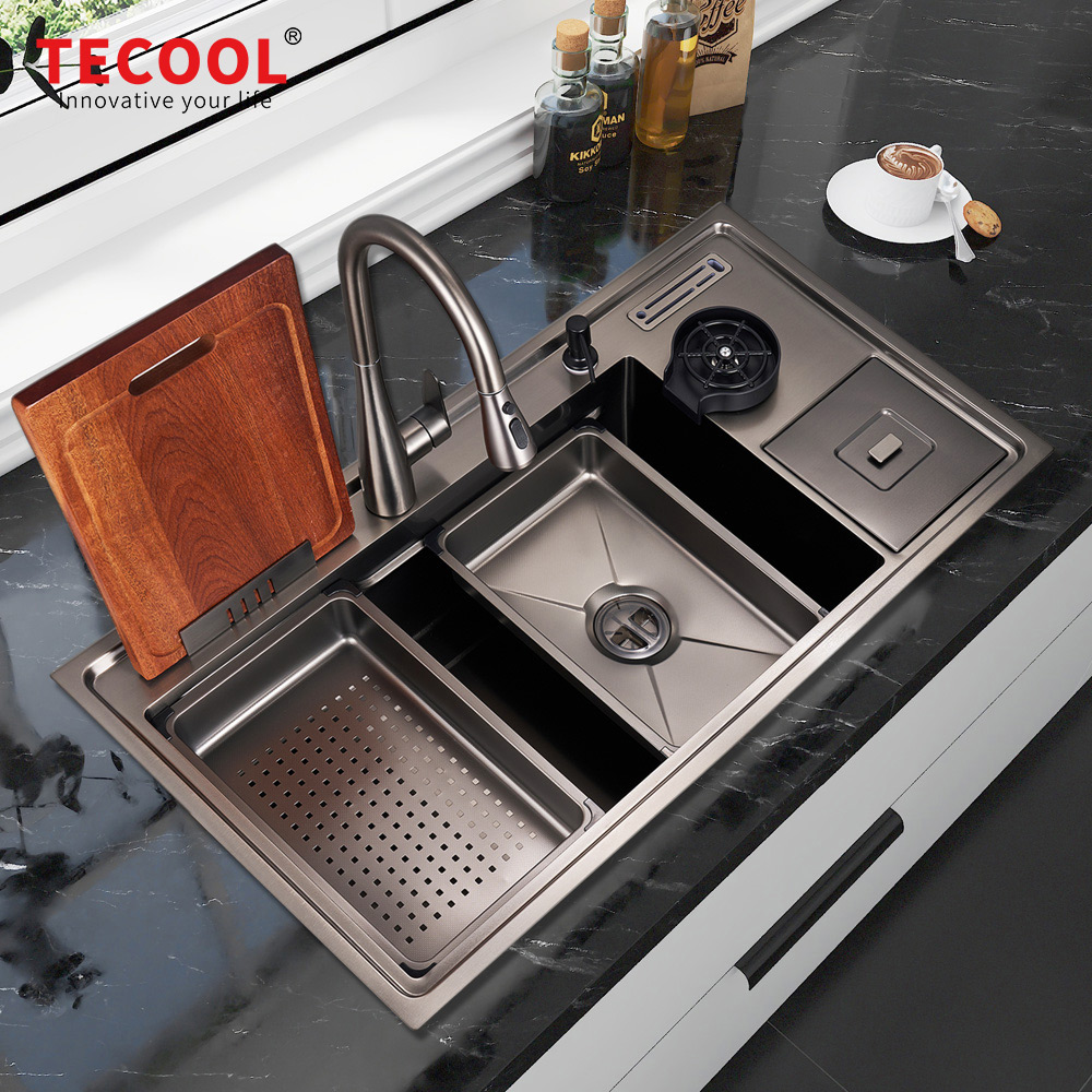 H-10053USM-VBK Handmade Topmount Single Bowl Multifunctional Sink with Dust Bin