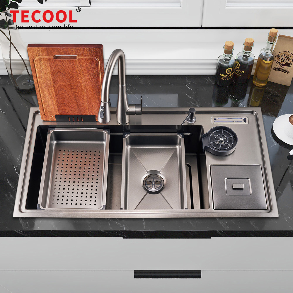 H-10053USM-VBK Handmade Topmount Single Bowl Multifunctional Sink with Dust Bin