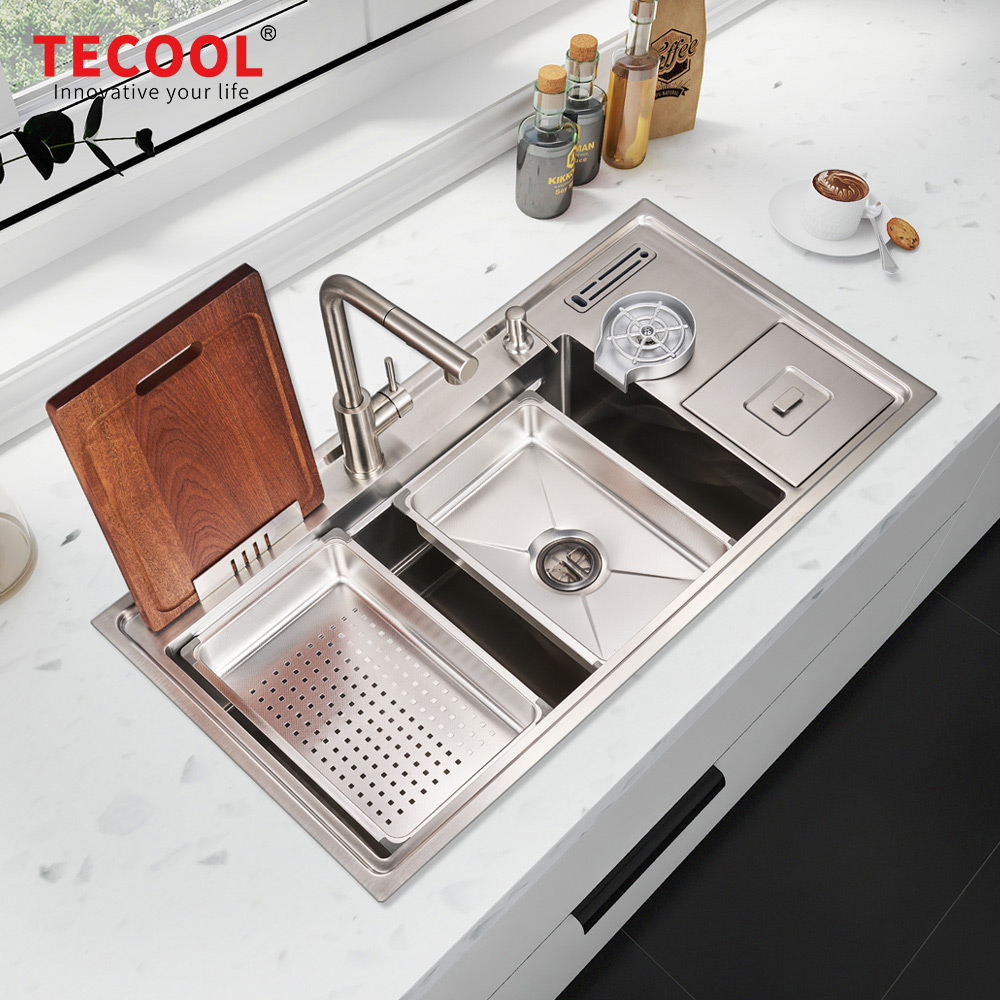 H-10053USM Handmade Topmount Single Bowl Multifunctional Sink with Dust Bin