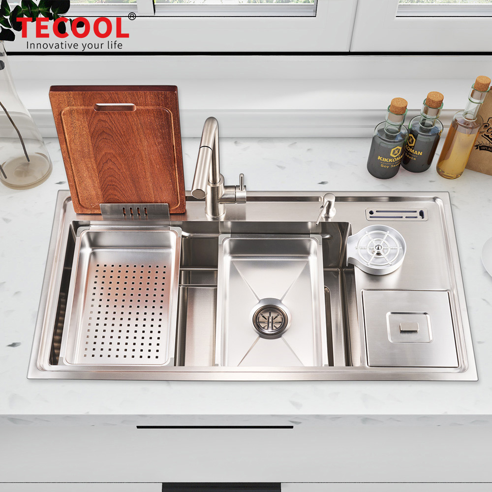 H-10053USM Handmade Topmount Single Bowl Multifunctional Sink with Dust Bin