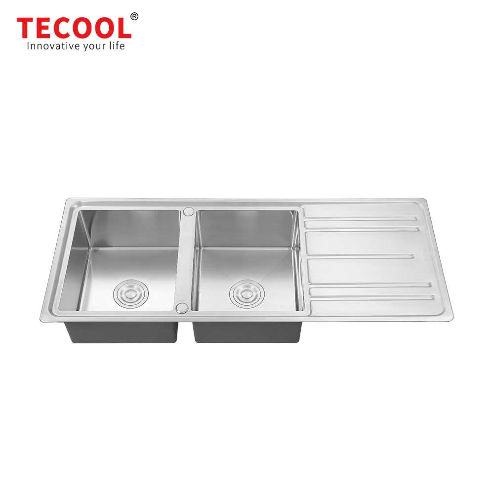 H-12050D10 Handmade 304-Grade Topmount Double Bowl With Tray Kitchen Sink