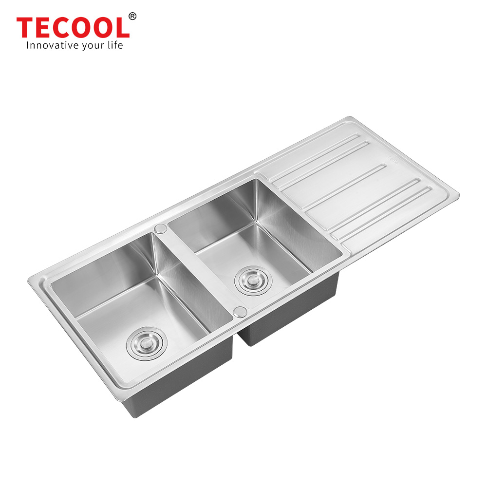 H-12050D10 Handmade 304-Grade Topmount Double Bowl With Tray Kitchen Sink