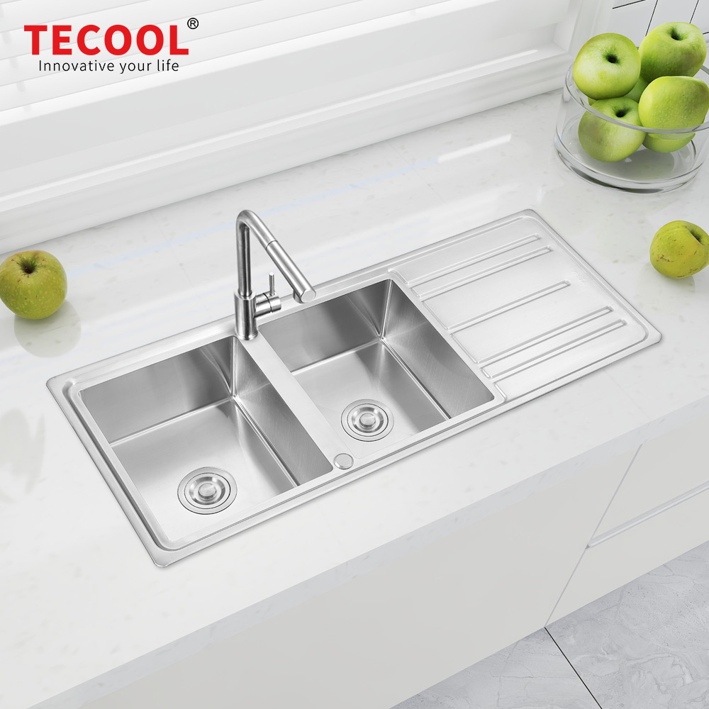 H-12050D10 Handmade 304-Grade Topmount Double Bowl With Tray Kitchen Sink