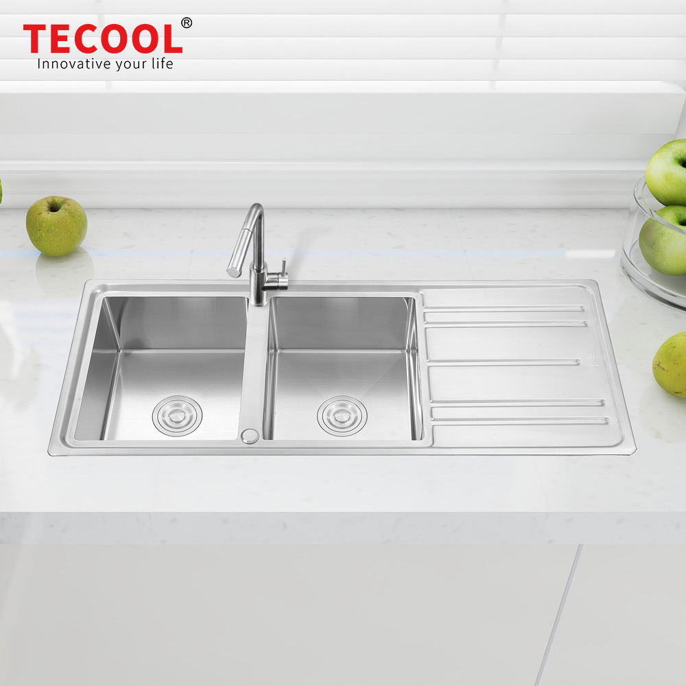 H-12050D10 Handmade 304-Grade Topmount Double Bowl With Tray Kitchen Sink