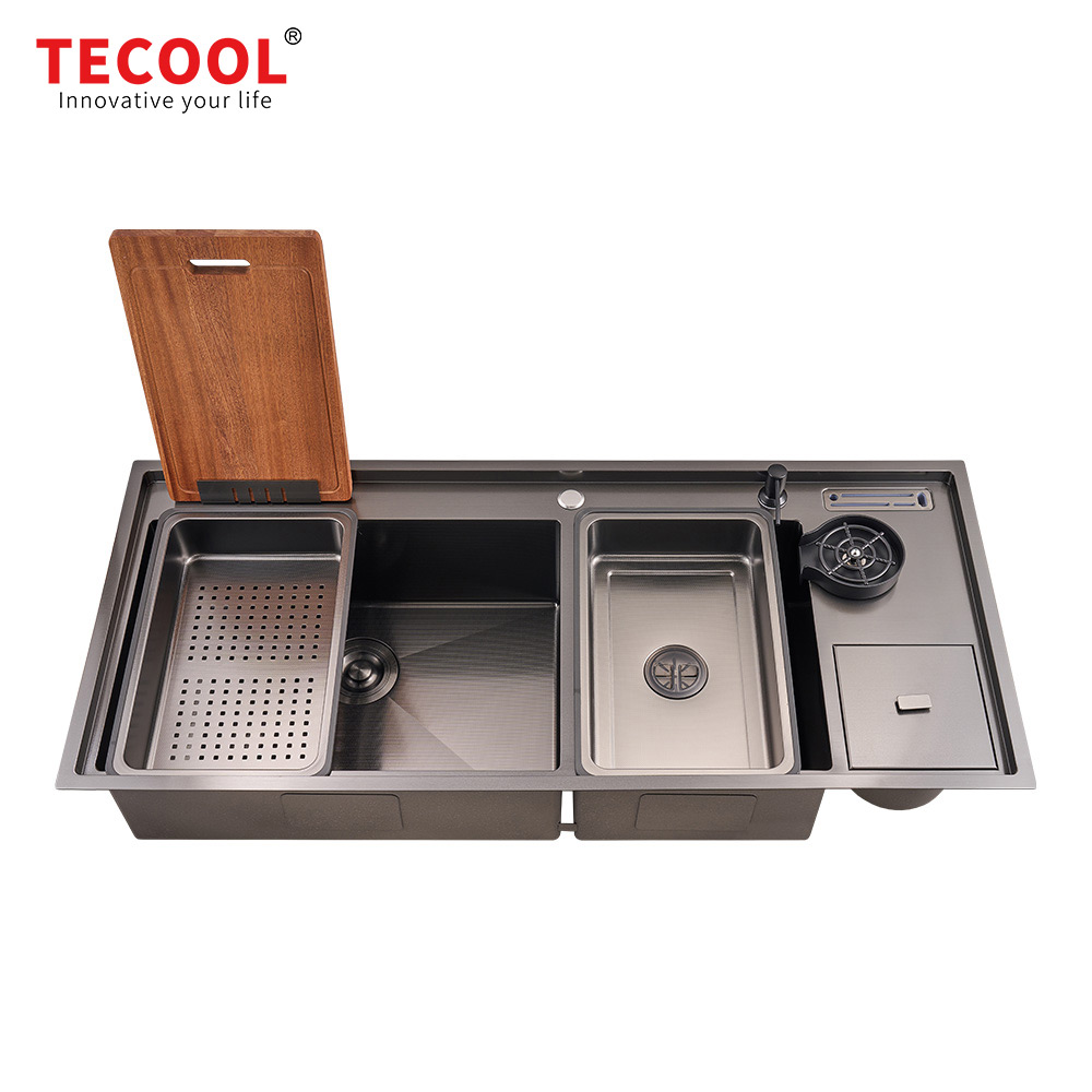 H-12053UDM-VBK Handmade Topmount Double Bowl Multifunctional Sink with Dust Bin