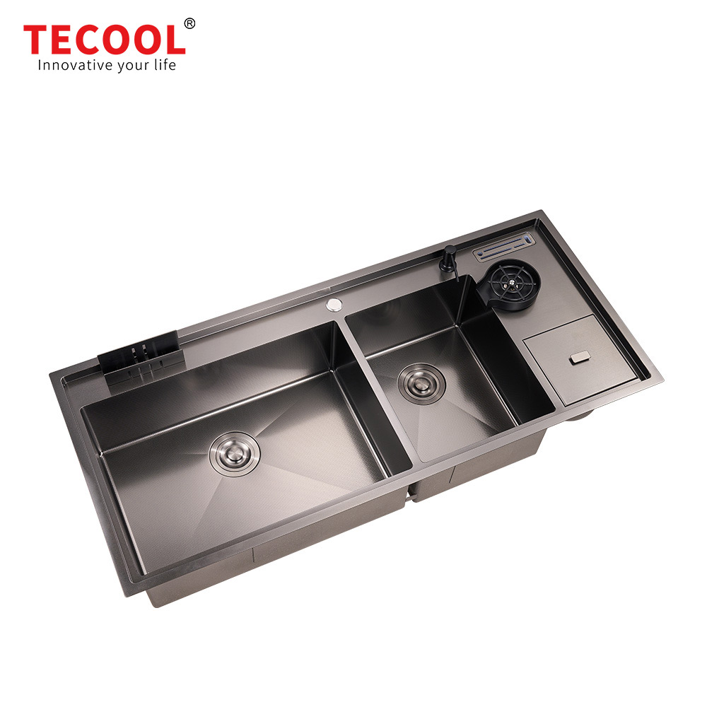 H-12053UDM-VBK Handmade Topmount Double Bowl Multifunctional Sink with Dust Bin