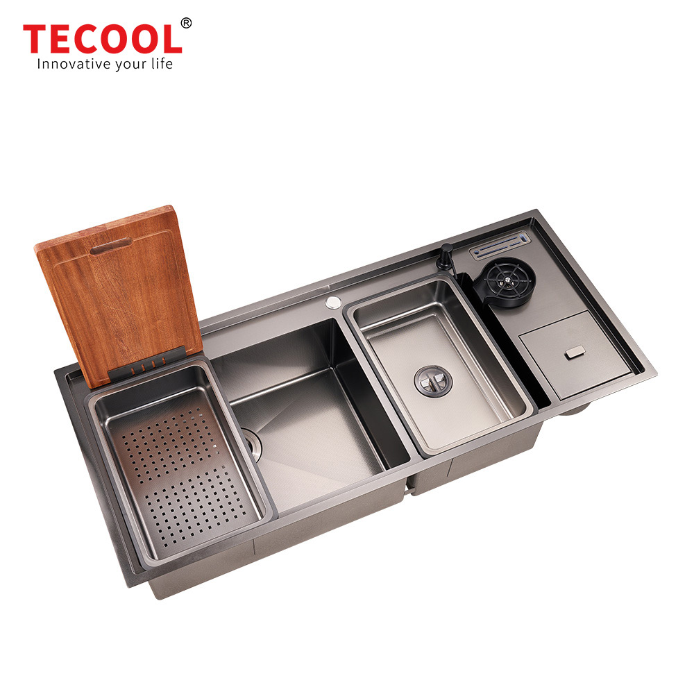 H-12053UDM-VBK Handmade Topmount Double Bowl Multifunctional Sink with Dust Bin