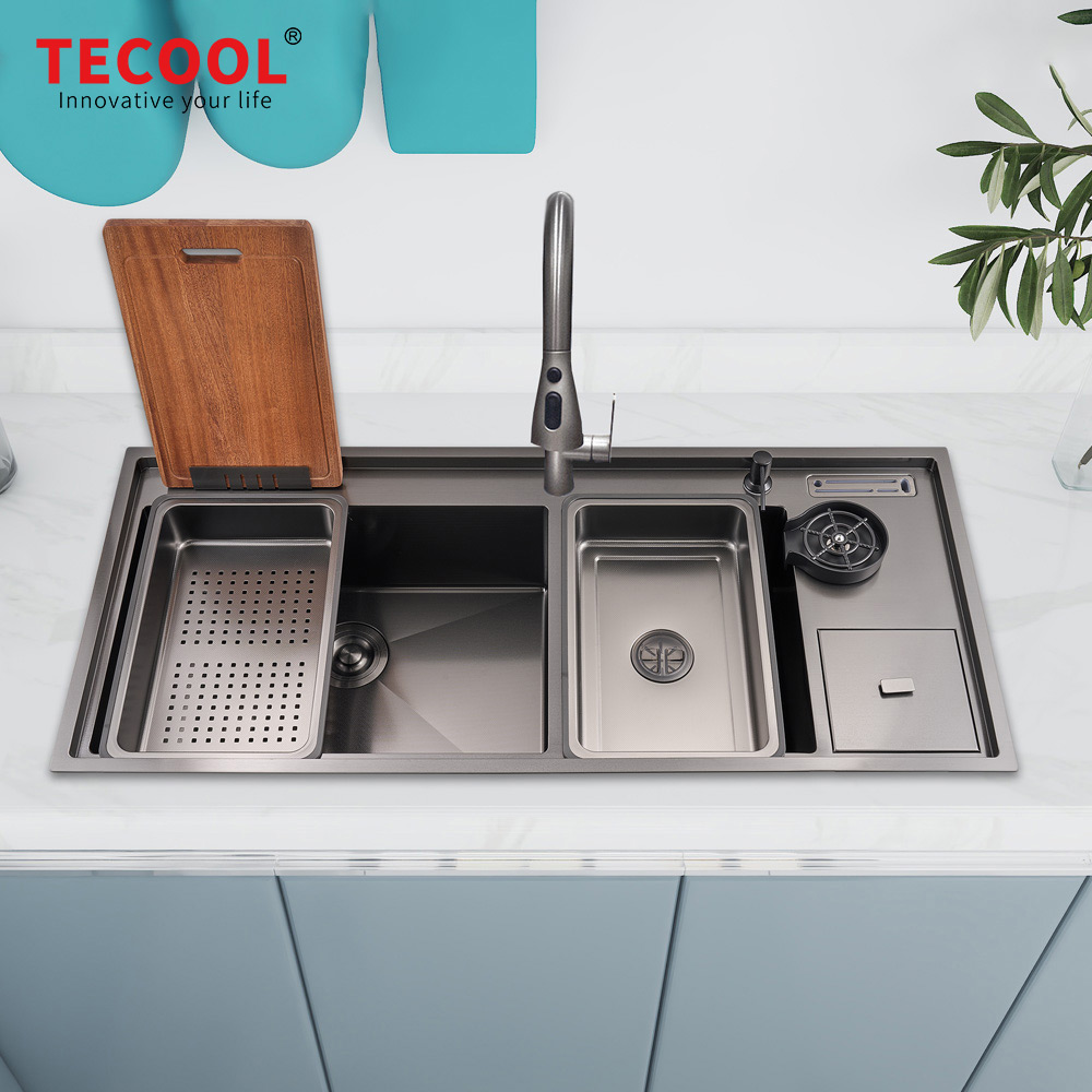 H-12053UDM-VBK Handmade Topmount Double Bowl Multifunctional Sink with Dust Bin