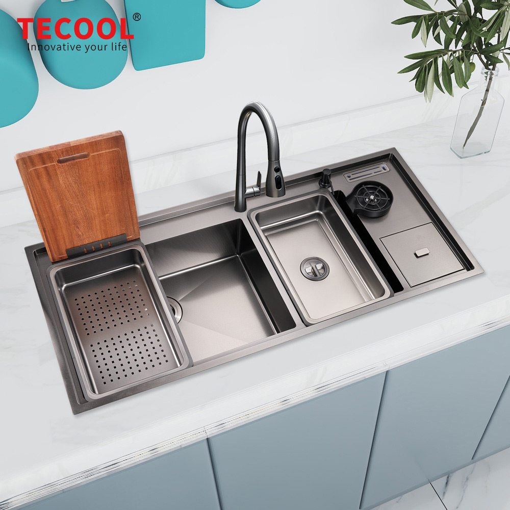 H-12053UDM-VBK Handmade Topmount Double Bowl Multifunctional Sink with Dust Bin