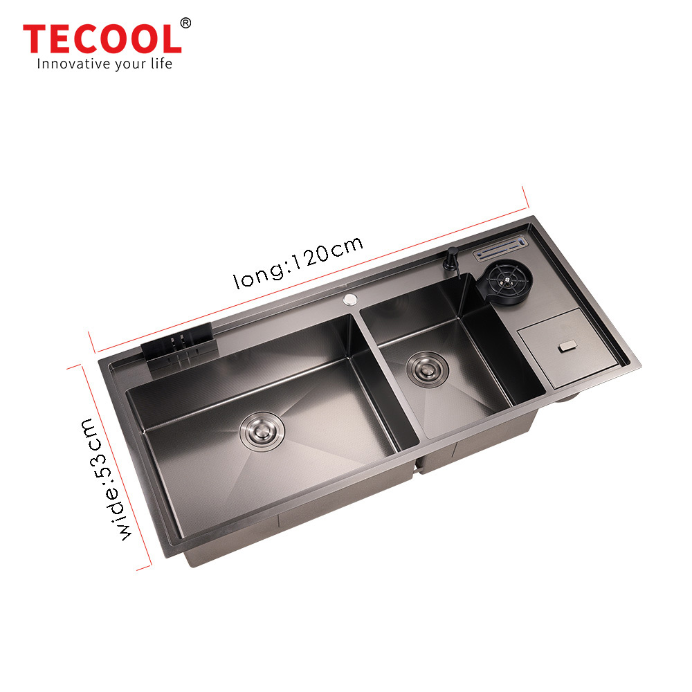 H-12053UDM-VBK Handmade Topmount Double Bowl Multifunctional Sink with Dust Bin