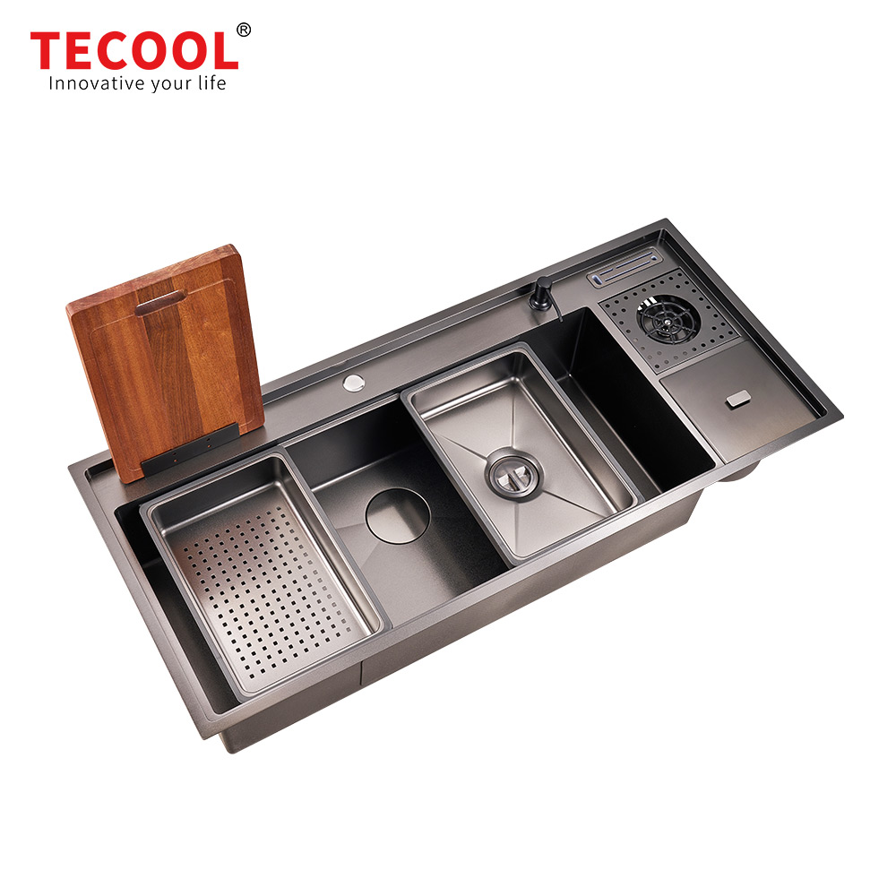 H-12053USM-VBK Handmade Topmount Single Bowl Multifunctional Sink with Dust Bin