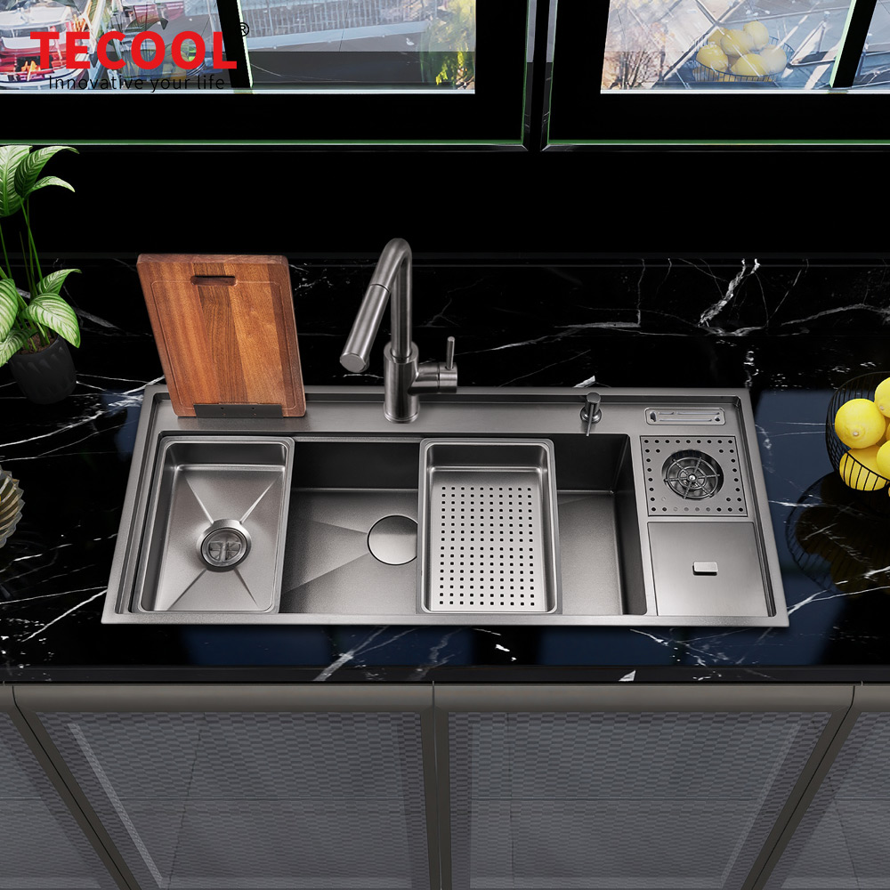 H-12053USM-VBK Handmade Topmount Single Bowl Multifunctional Sink with Dust Bin