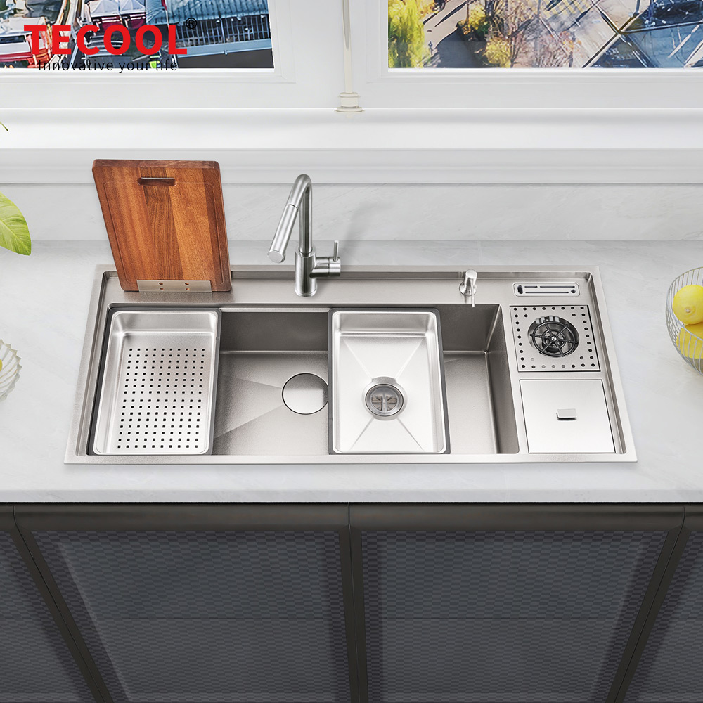 H-12053USM-VSV Handmade Topmount Single Bowl Multifunctional Sink with Dust Bin