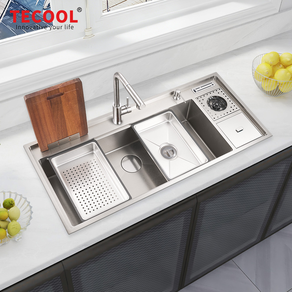 H-12053USM-VSV Handmade Topmount Single Bowl Multifunctional Sink with Dust Bin