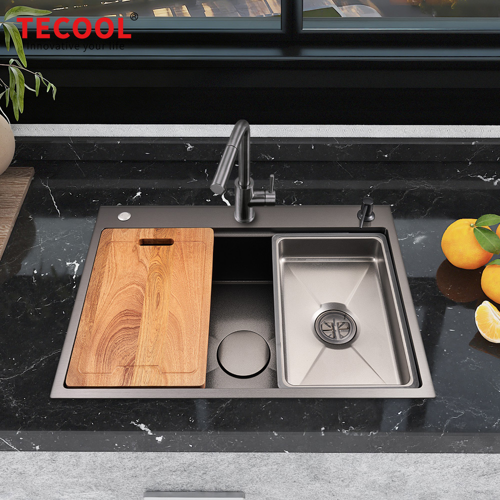 H-7050TSJ-VBK Handmade Topmount Single Bowl Stylish Waterfall Kitchen Sink