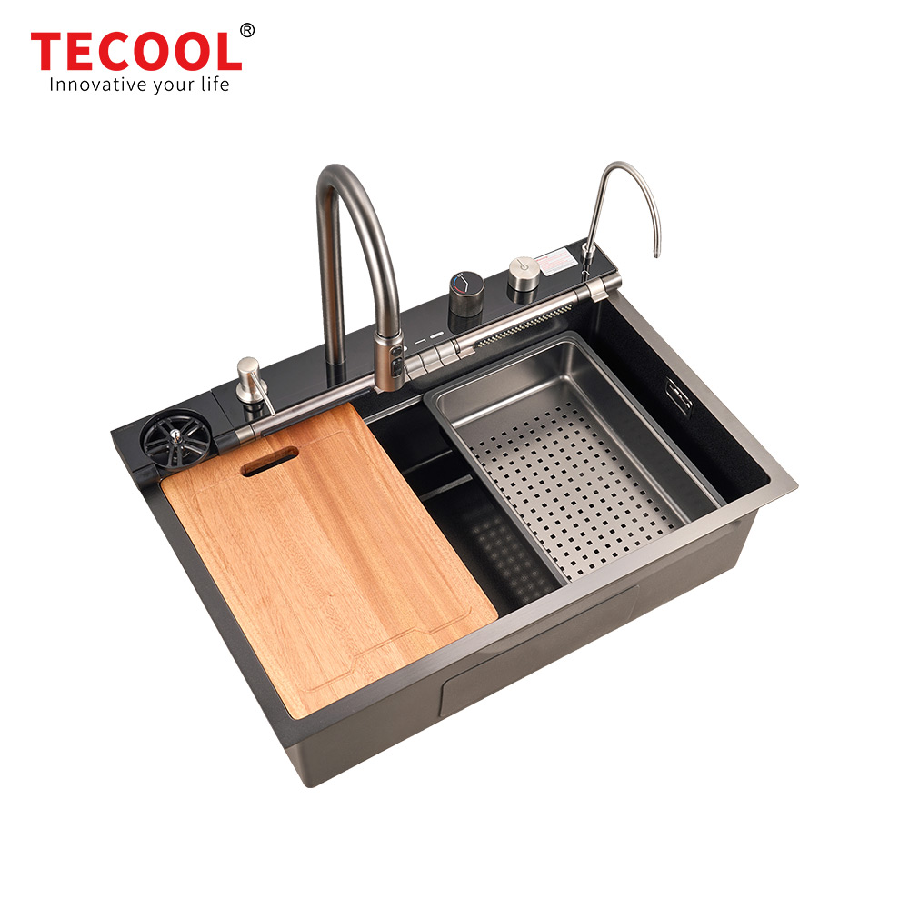 H-7648TSJY-VBK Handmade Topmount Single Bowl Stylish Waterfall Kitchen Sink