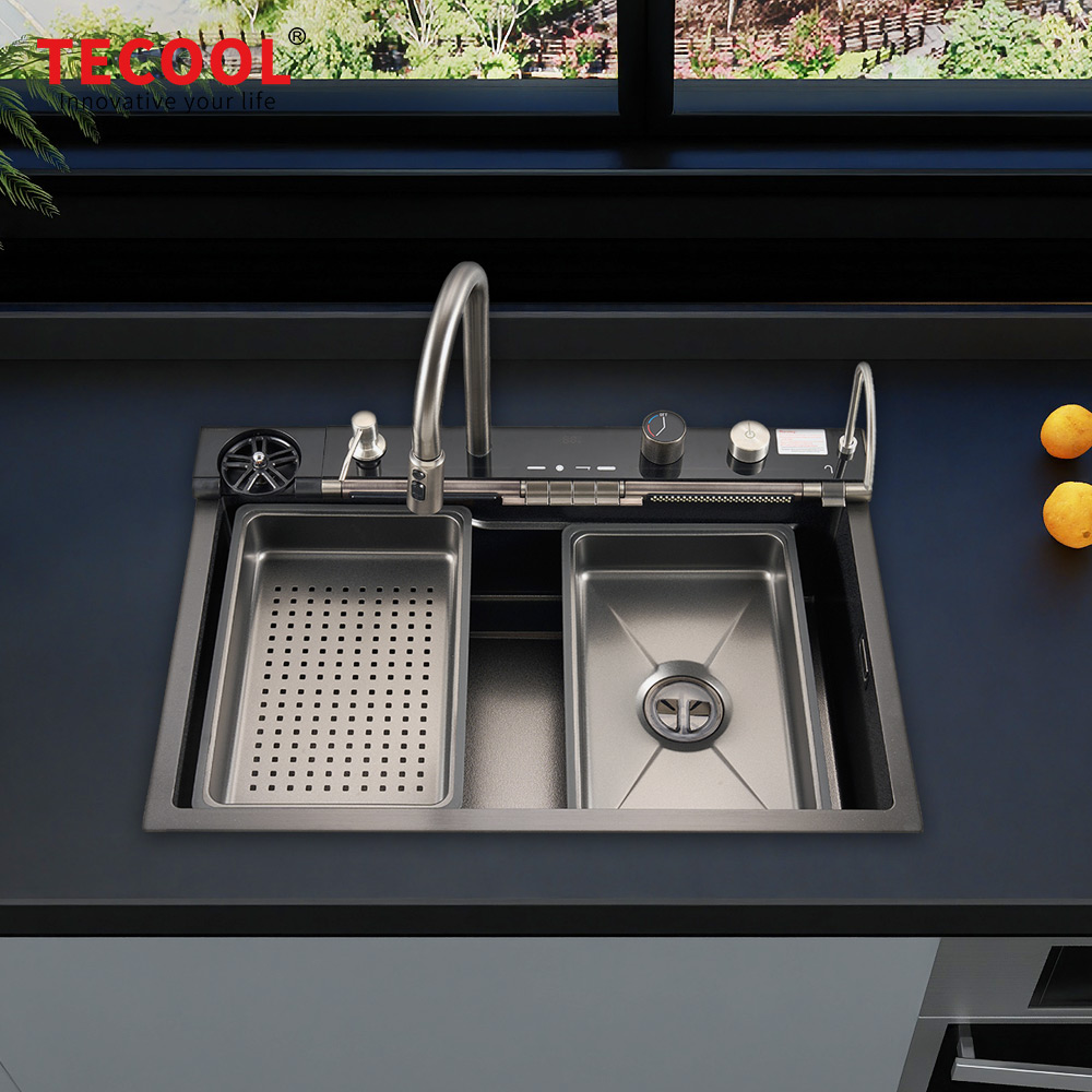 H-7648TSJY-VBK Handmade Topmount Single Bowl Stylish Waterfall Kitchen Sink