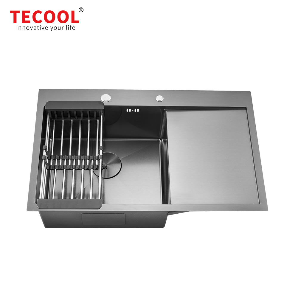 H-7750TS-R-BK Handmade Black PVD Coated topmount Single Bowl Sink with Tray Series Kitchen Sink