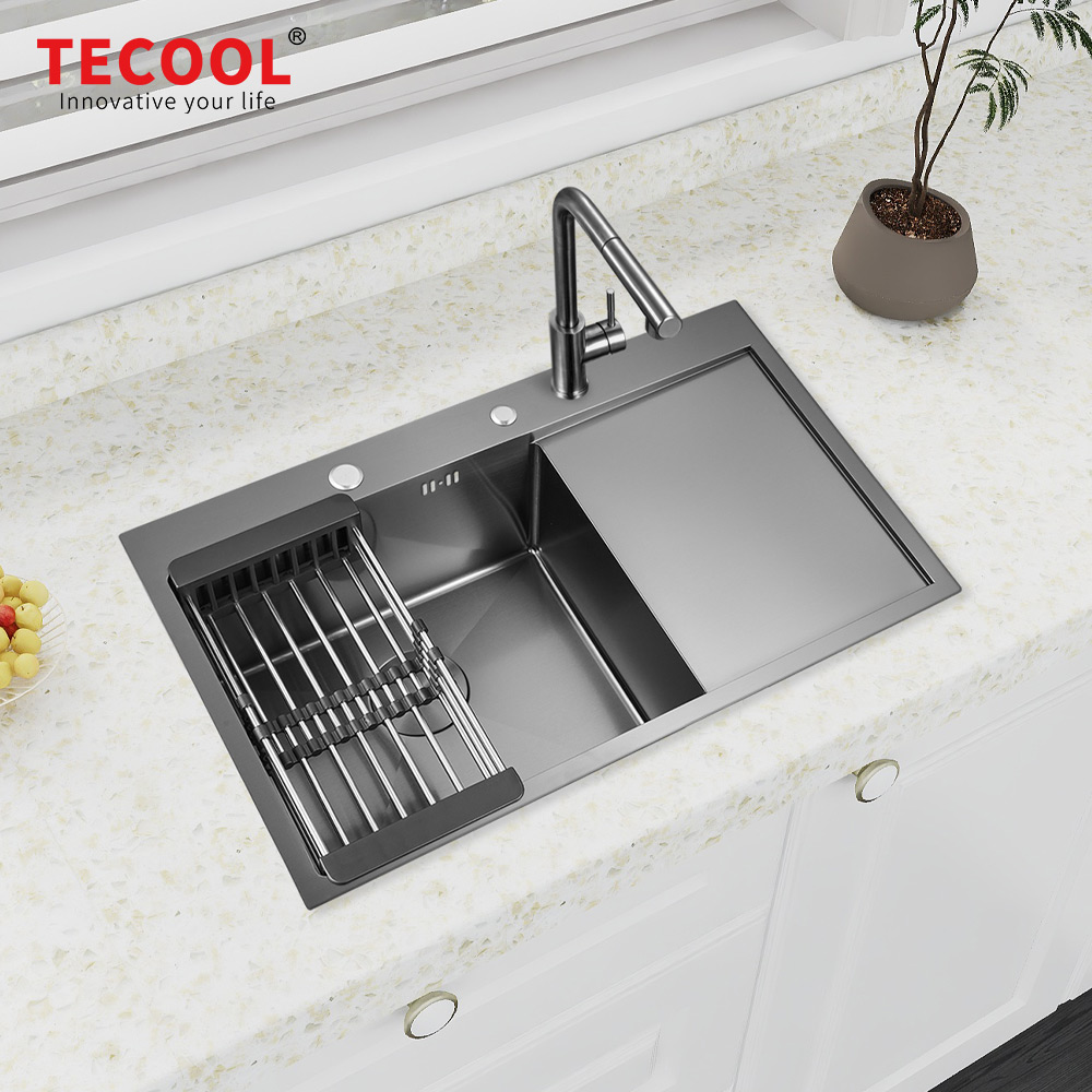 H-7750TS-R-BK Handmade Black PVD Coated topmount Single Bowl Sink with Tray Series Kitchen Sink