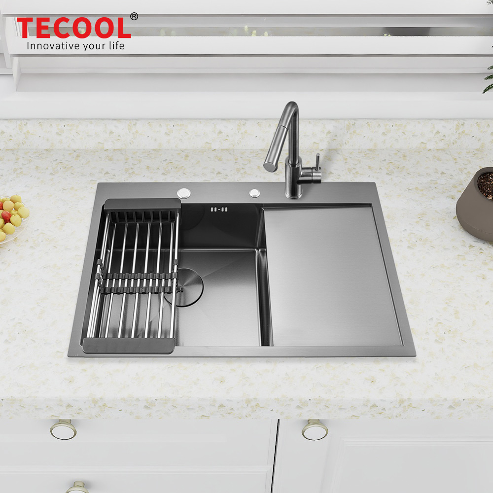 H-7750TS-R-BK Handmade Black PVD Coated topmount Single Bowl Sink with Tray Series Kitchen Sink