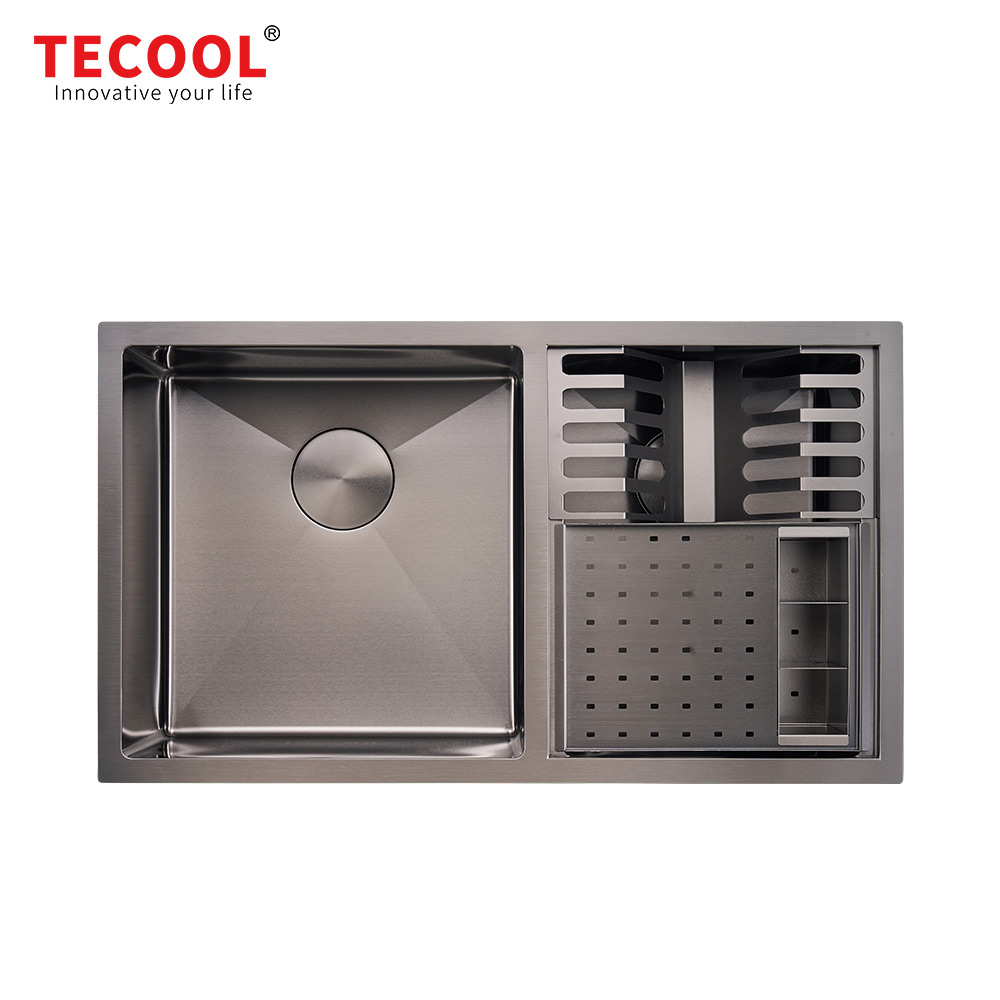 H-8146UDC-BK Handmade Undermount Double Bowl Premium Sink with Knife & Fork Case