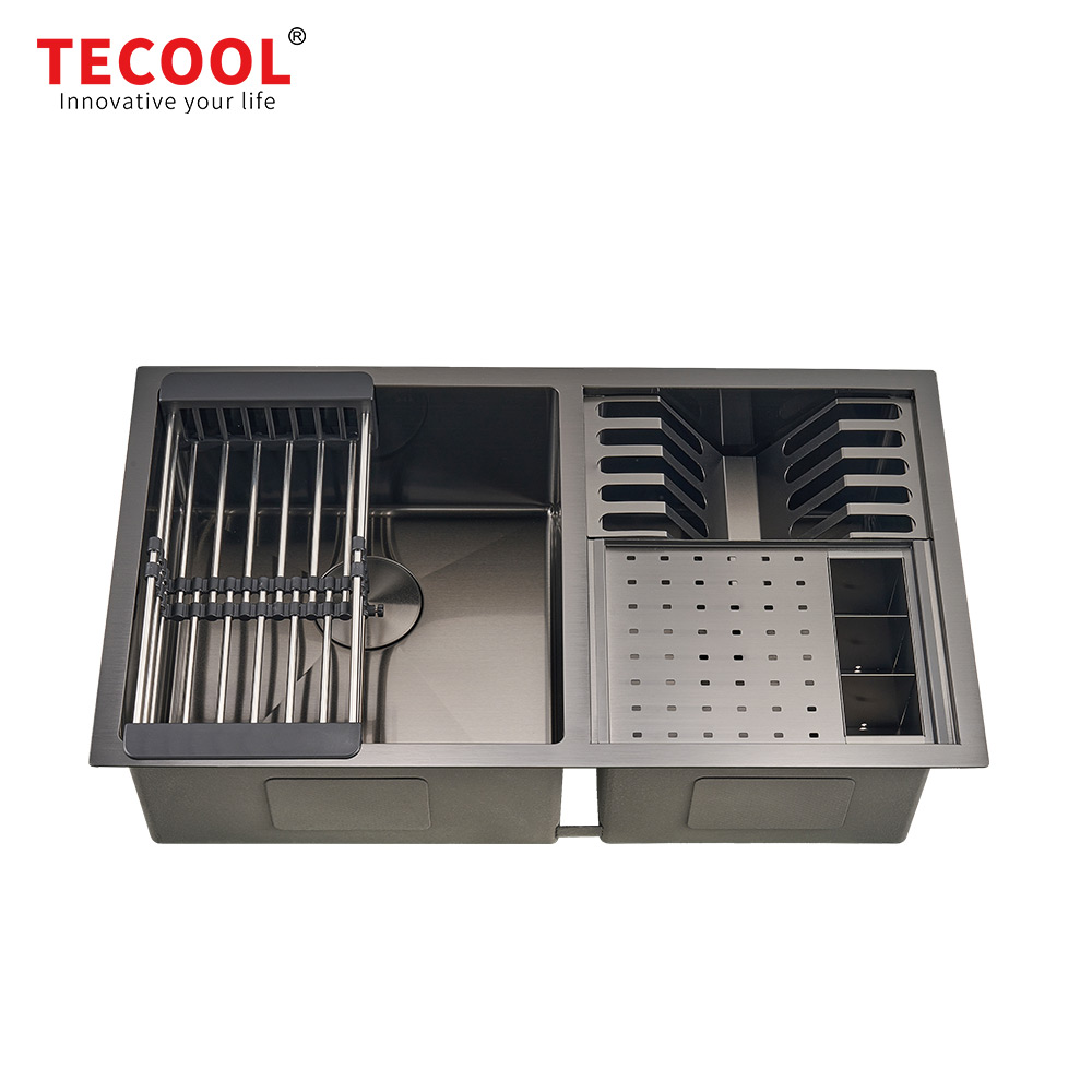 H-8146UDC-BK Handmade Undermount Double Bowl Premium Sink with Knife & Fork Case