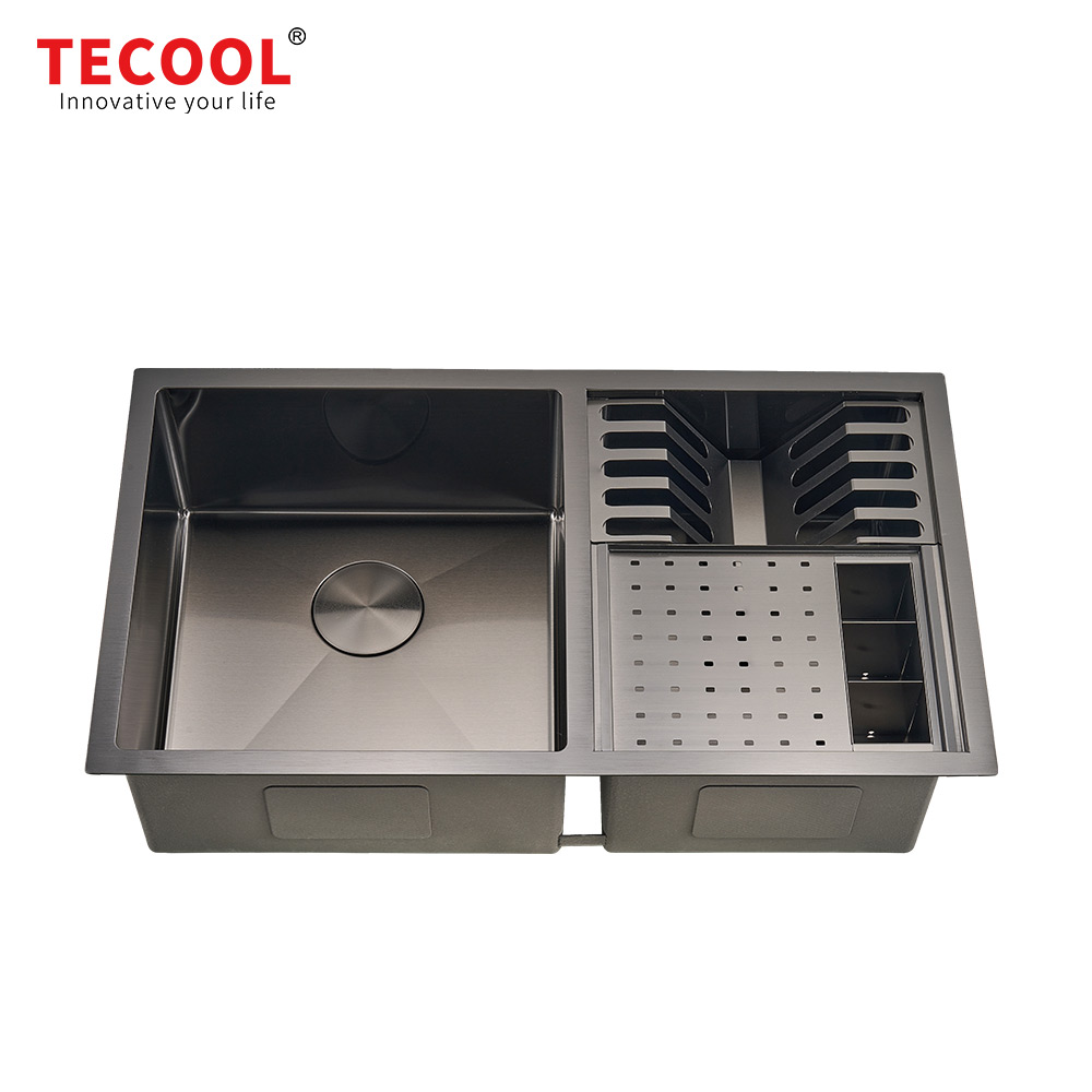 H-8146UDC-BK Handmade Undermount Double Bowl Premium Sink with Knife & Fork Case