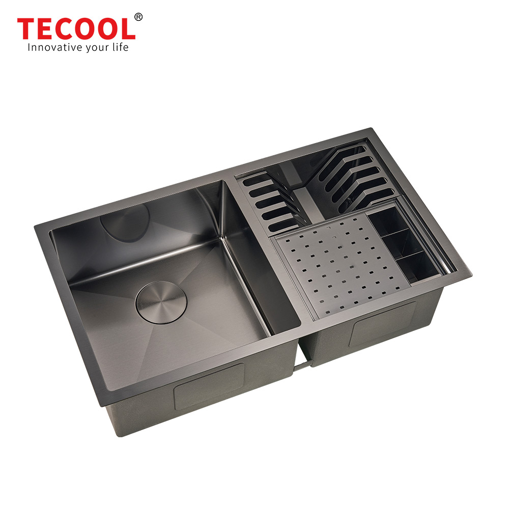 H-8146UDC-BK Handmade Undermount Double Bowl Premium Sink with Knife & Fork Case