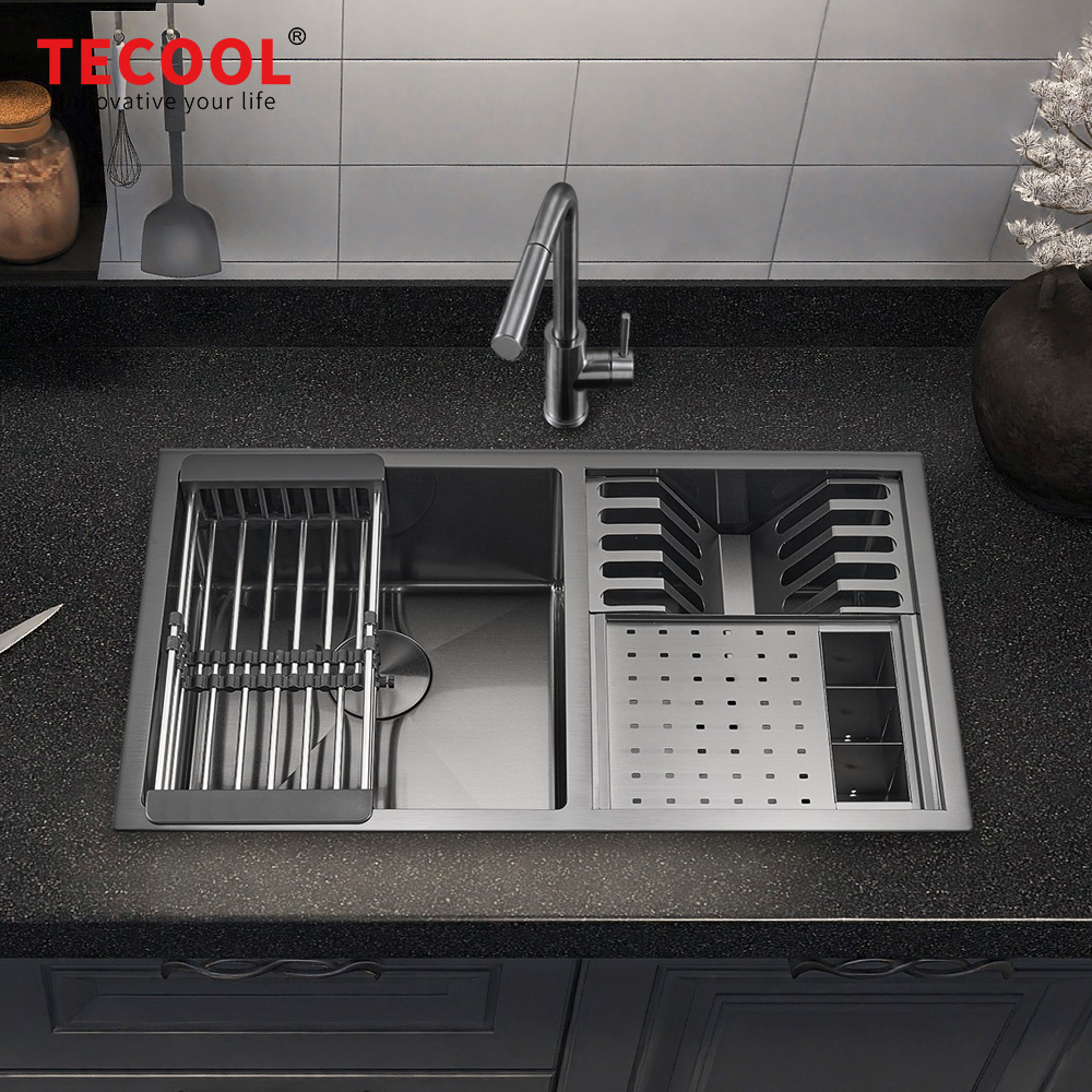 H-8146UDC-BK Handmade Undermount Double Bowl Premium Sink with Knife & Fork Case