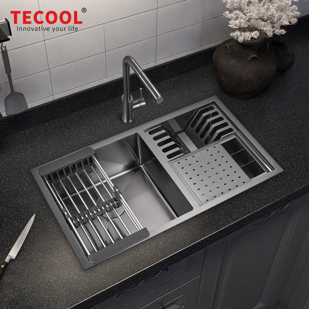 H-8146UDC-BK Handmade Undermount Double Bowl Premium Sink with Knife & Fork Case