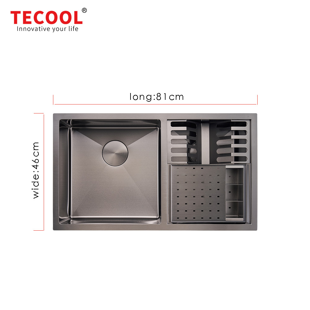 H-8146UDC-BK Handmade Undermount Double Bowl Premium Sink with Knife & Fork Case