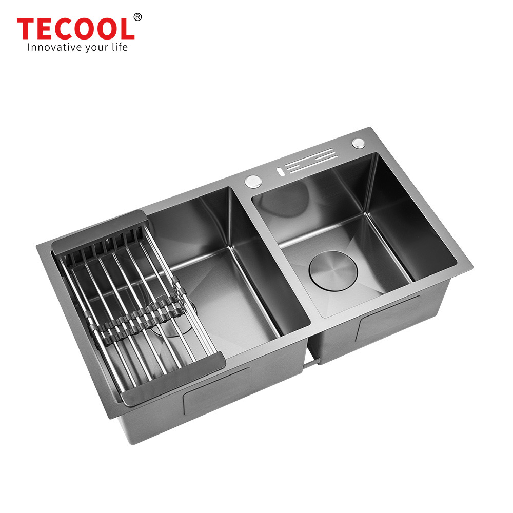 H-8245TD-BK Handmade Black PVD Coated topmount double Bowl Kitchen Sink