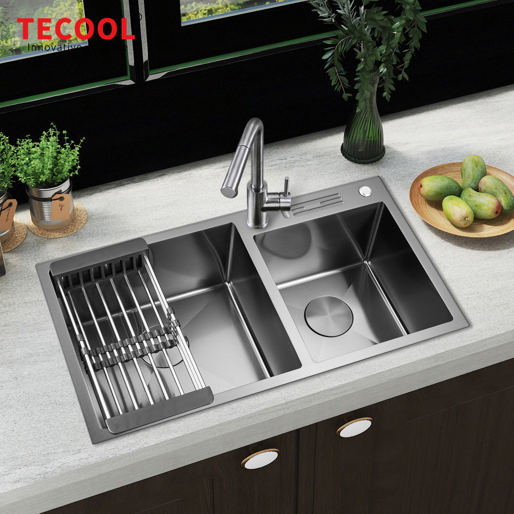 H-8245TD-BK Handmade Black PVD Coated topmount double Bowl Kitchen Sink