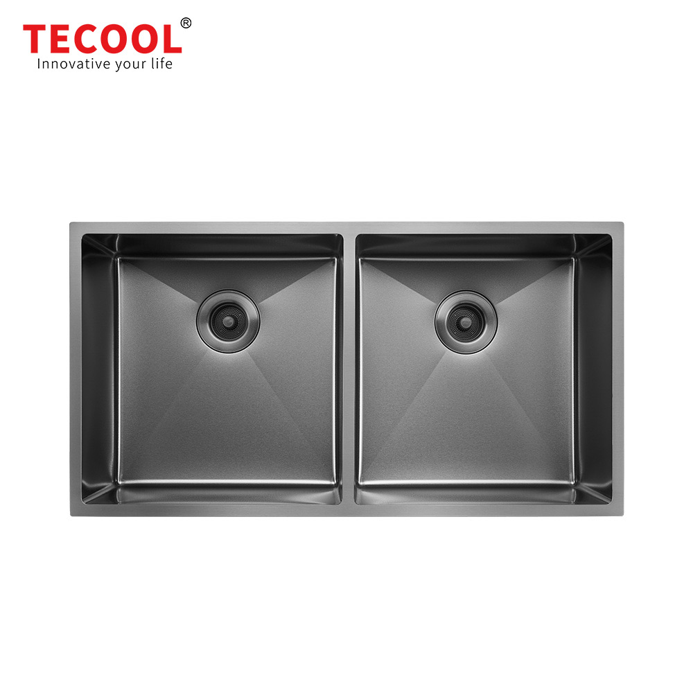H-8947UD-MBK Handmade Black PVD Coated Undermount Double Bowl Kitchen Sink